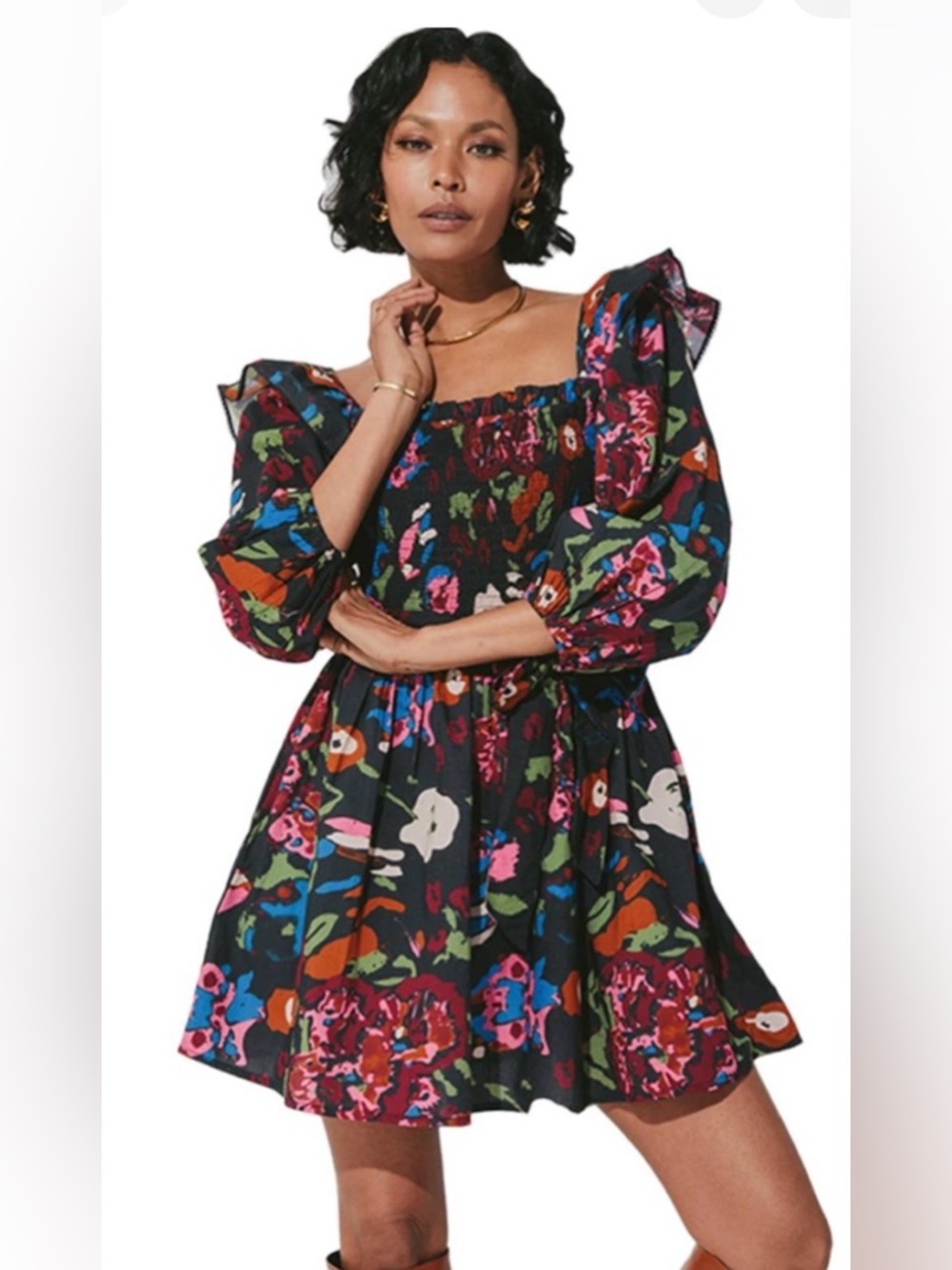 Cleobella Black Multi Floral Smocked Puff-Sleeve Mini Dress size small - Picture 7 of 9